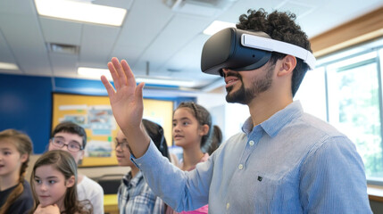 Teacher using virtual reality headset in classroom with students watching