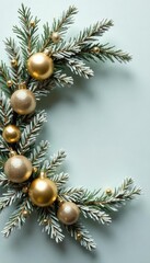 Snow-white fir wreath with gold ornaments and holly leaves, ornaments, gold