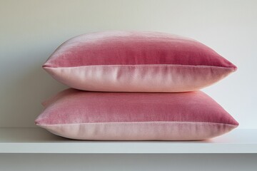 Fototapeta premium Two ombre pink velvet cushions stacked on a shelf, displaying a soft gradient.