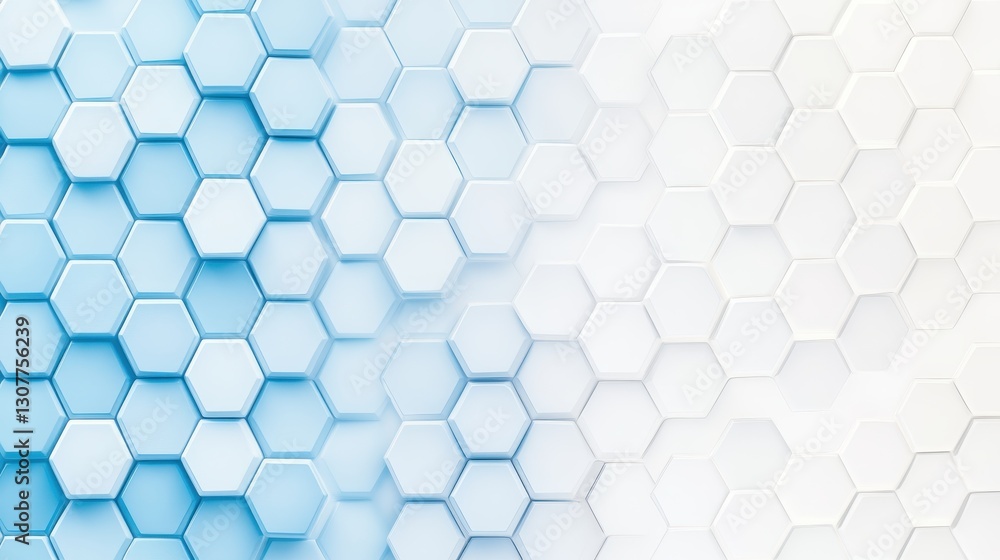 Poster geometric background composed of hexagons gradually changing color from blue to white, creating a gr