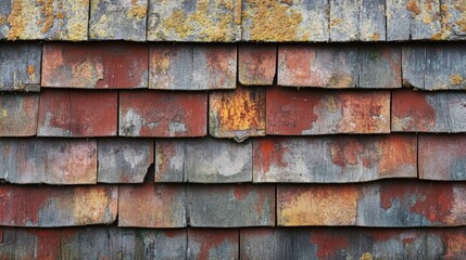 Old wooden shingles with peeling red and gray paint