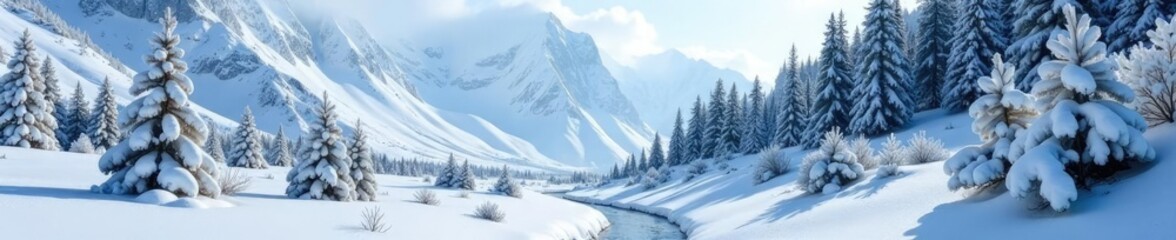 Trees and shrubs bent under the weight of fresh snow, nature, frozen landscape, glacial valley