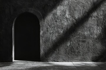 A shadowed arched doorway in a dark, textured concrete wall.