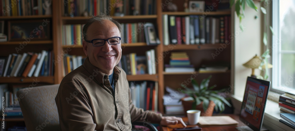 Poster remote work vibes: smiling professional in home office setting with coffee and bookshelf ambiance