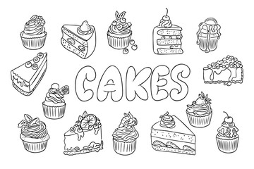Black and white hand drawn illustration of various cakes, cupcakes, and pastries with decorative elements, perfect for coloring books, bakery designs, dessert-themed prints, and creative projects