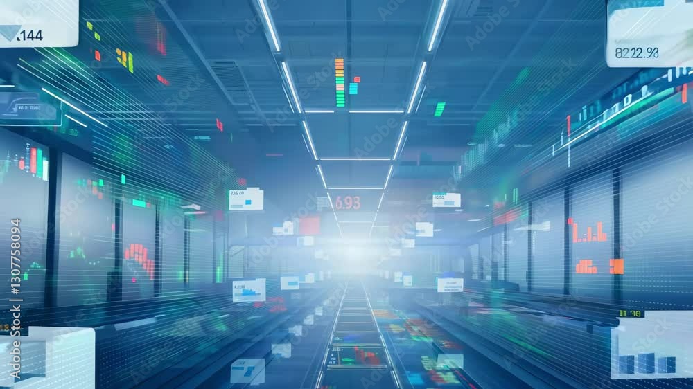 Poster futuristic technology corridor with virtual data screens. concept of digital innovation, immersive a