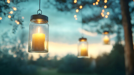 Twilight garden party Candles in jars hang from trees, illuminating a serene sunset scene. Perfect for event invitations, blogs, or romantic mood settings