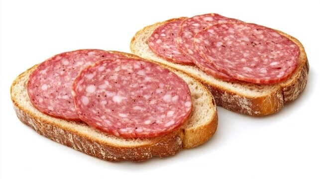 Rustic whole wheat bread layered with spicy salami slices, presenting quick sandwich preparation on minimalist white surface - Powered by Adobe