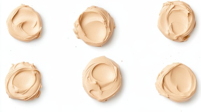 Creamy beige makeup foundation dabs symmetrically positioned on white surface, forming minimalist geometric arrangement highlighting cosmetic product design