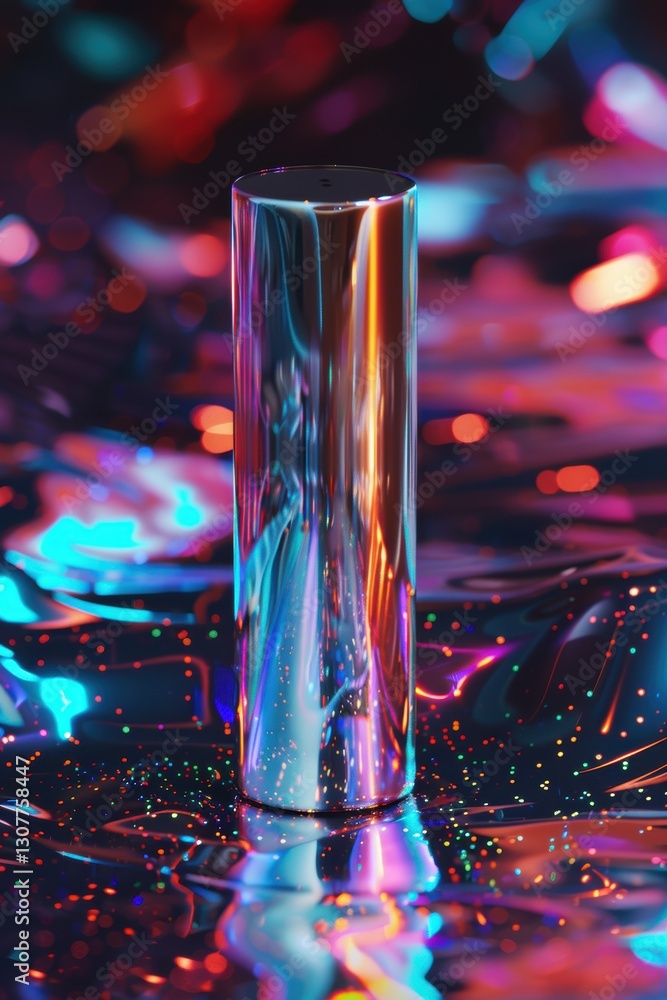 Aufkleber futuristic chrome pouch mockup with holographic patterns on digital background for tech design