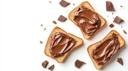 Chocolate hazelnut spread generously coating toasted bread slices, complemented by scattered chocolate chunks, presenting indulgent morning or snack time treat