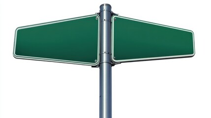 Obraz premium Green road signs with white borders pointing opposite directions, mounted on metal pole, blank surfaces ready for customized messaging against clean white backdrop