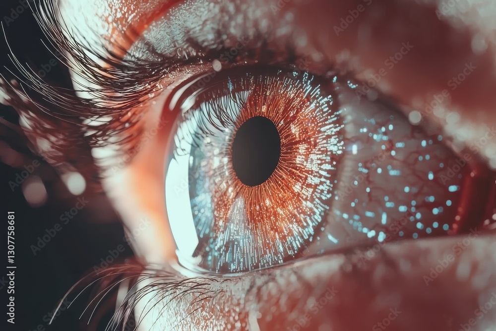 Aufkleber A digital eye in neon style is illustrated on a dark blue background, symbolizing computer vision and high-tech technology through 3D rendering