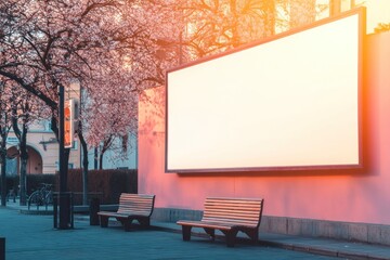 Empty billboard on city street at dawn with cherry blossoms.