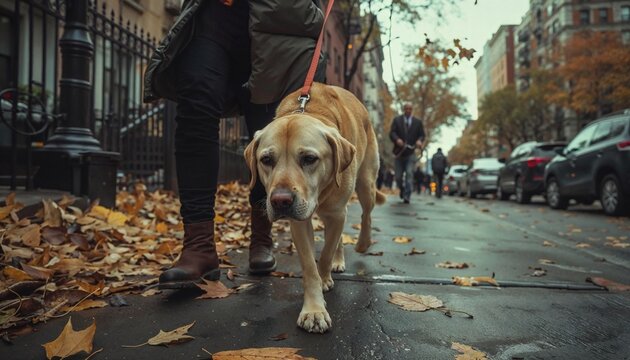 A golden retriever walking through a wet urban street covered in fallen autumn leaves, guided by its owner on a leash, with a backdrop of city buildings, cars, and pedestrians on a cloudy day.