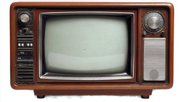 Vintage wooden tv set displaying grainy static, symbolizing outdated broadcasting technology and retro entertainment era against clean white backdrop