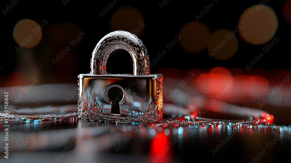 Poster the concept of cybersecurity is embodied by a digital padlock with glowing edges on a dynamic and ab