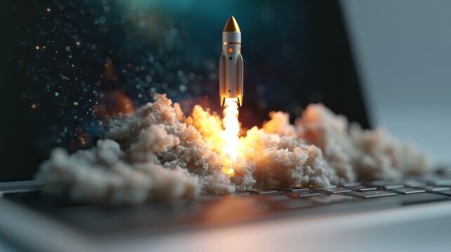 A laptop screen depicts a rocket launching, embodying innovation and creativity, against a vibrant backdrop