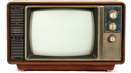 Vintage wooden television set with blank screen, symbolizing outdated media technology and communication transformation against pristine white backdrop