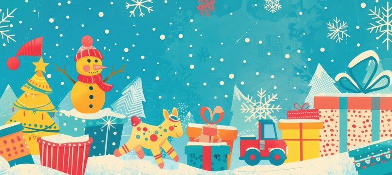 Cheerful Holiday Toy Drive Flyer with Snowflakes and Gift Illustrations for Digital Marketing