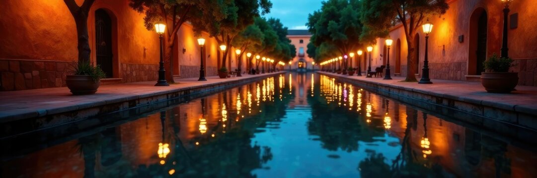 Callejas reflejadas en el agua de un estanque en Plaza del Carmen, iluminacion, callejas, plaza