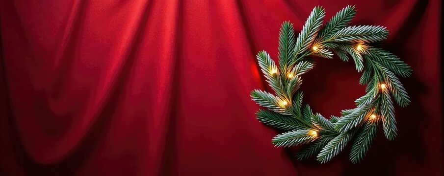 Dark red velvet backdrop with a snow-covered pine branch wreath adorned with twinkling Christmas lights, twinkling lights, evergreen, decoration