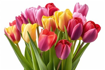 A vibrant bouquet of multicolored tulips, showcasing a delightful array of pink, red, and yellow blossoms.