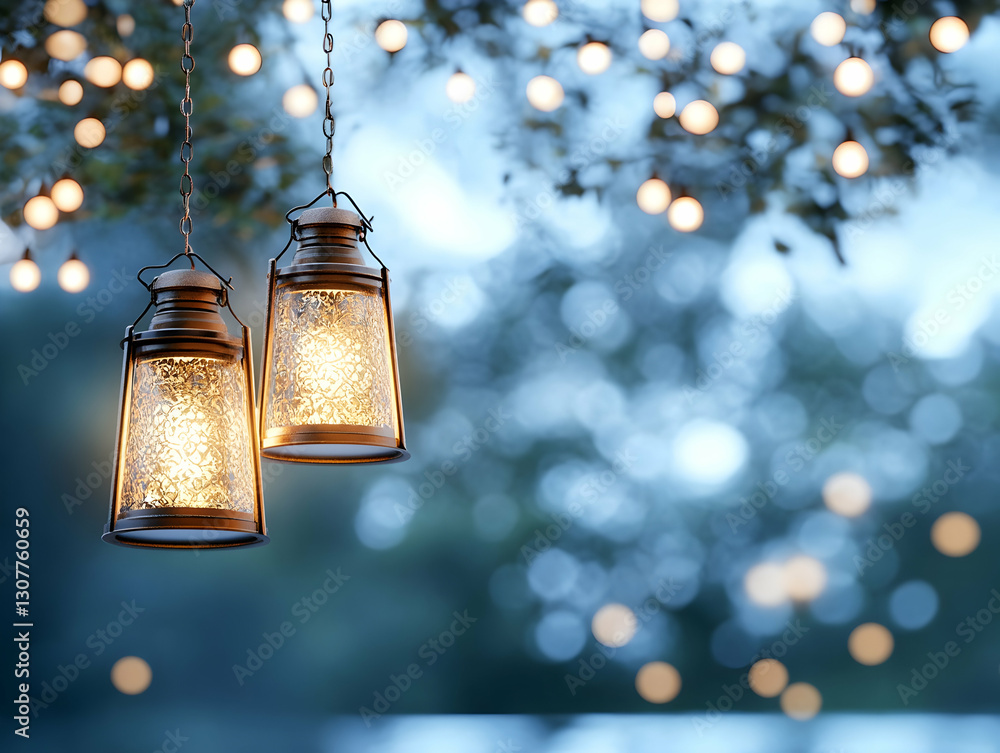 Poster two illuminated lanterns hanging from a tree branch at dusk, creating a warm ambiance with blurred b