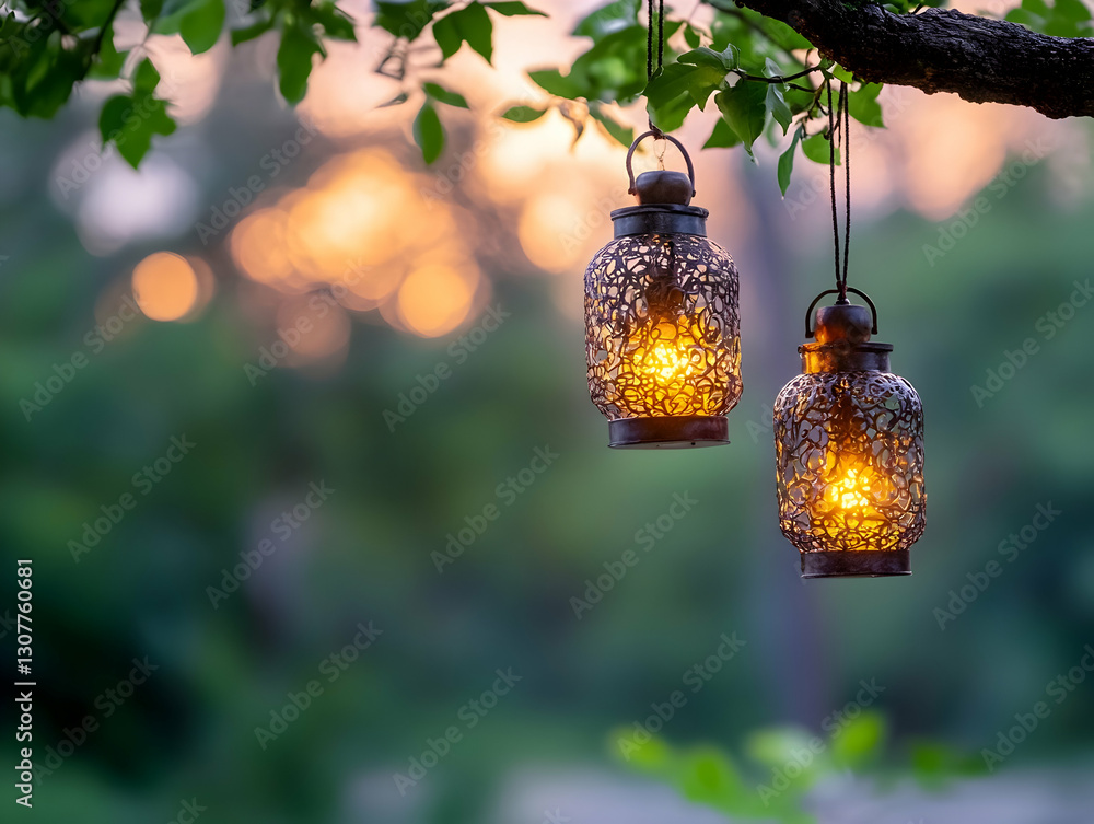 Aufkleber two illuminated lanterns hanging from a tree branch at sunset, creating a warm and inviting ambiance