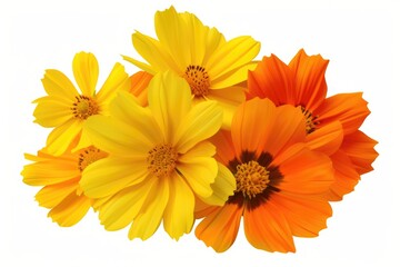 A vibrant bouquet of yellow and orange cosmos flowers, showcasing their delicate petals and radiant colors.