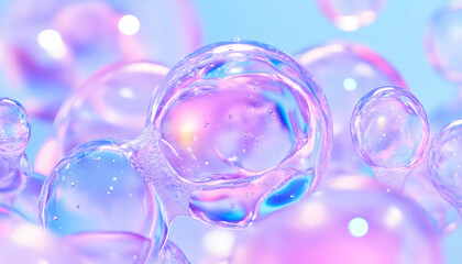 Iridescent Bubbles Float on Pastel Background; Abstract Design, Beauty, Cosmetics