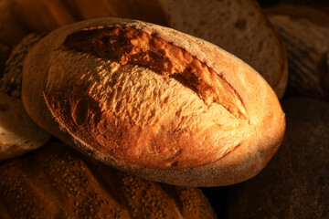 Loaf of crusty bread on dark background, closeup