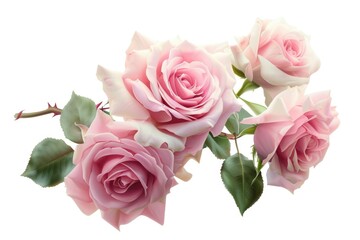 Fototapeta premium A cluster of four delicate pink roses with lush green leaves, isolated on a white background.