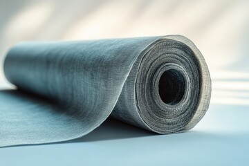 A roll of gray woven fabric, possibly for textile or construction use, showcasing texture and material.