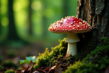 Fly agaric Amanita muscaria growing on a tree trunk, white spots, wood, poisonous mushroom
