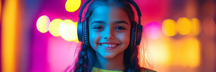 A smiling Latin girl with headphones, neon pink background, representing a love for music and online learning, perfect for tech or educational content, banner