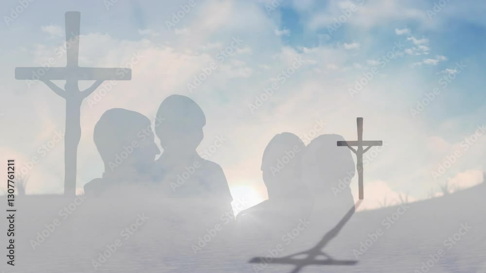 Poster silhouetted figures with crosses in animation against cloudy sky, creating serenity
