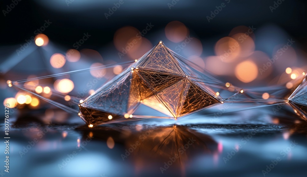 Poster The Global computer wireless network is depicted as a flaming polygonal mesh in an abstract 3D illustration with a shallow depth of field, symbolizing the Digital Web