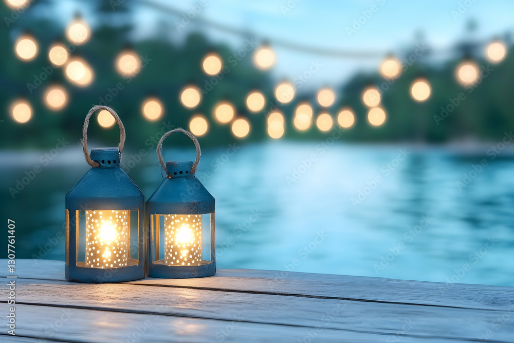 Poster two lit lanterns on a wooden dock at twilight, overlooking a calm pool with string lights twinkling 
