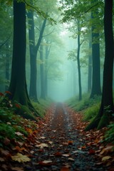 Fototapeta premium Foggy forest with wet leaves scattered on the ground, atmosphere, woods, green