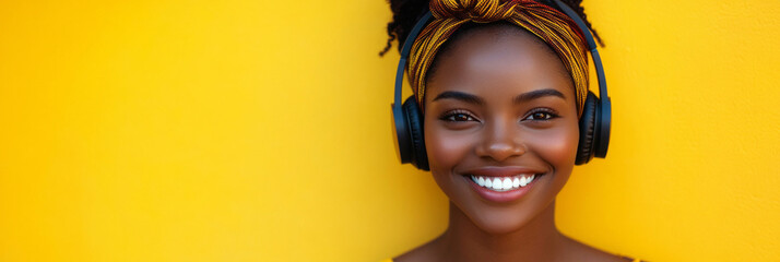 An African American woman happily wearing headphones, with a bright yellow background, portrayed in a simple and modern minimalistic style, symbolizing the joy of music or learning, banner