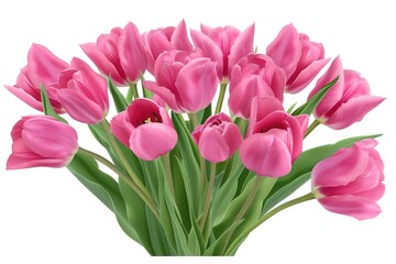 Fototapeta premium A vibrant bouquet of pink tulips, beautifully arranged, showcasing their delicate petals and lush green leaves.