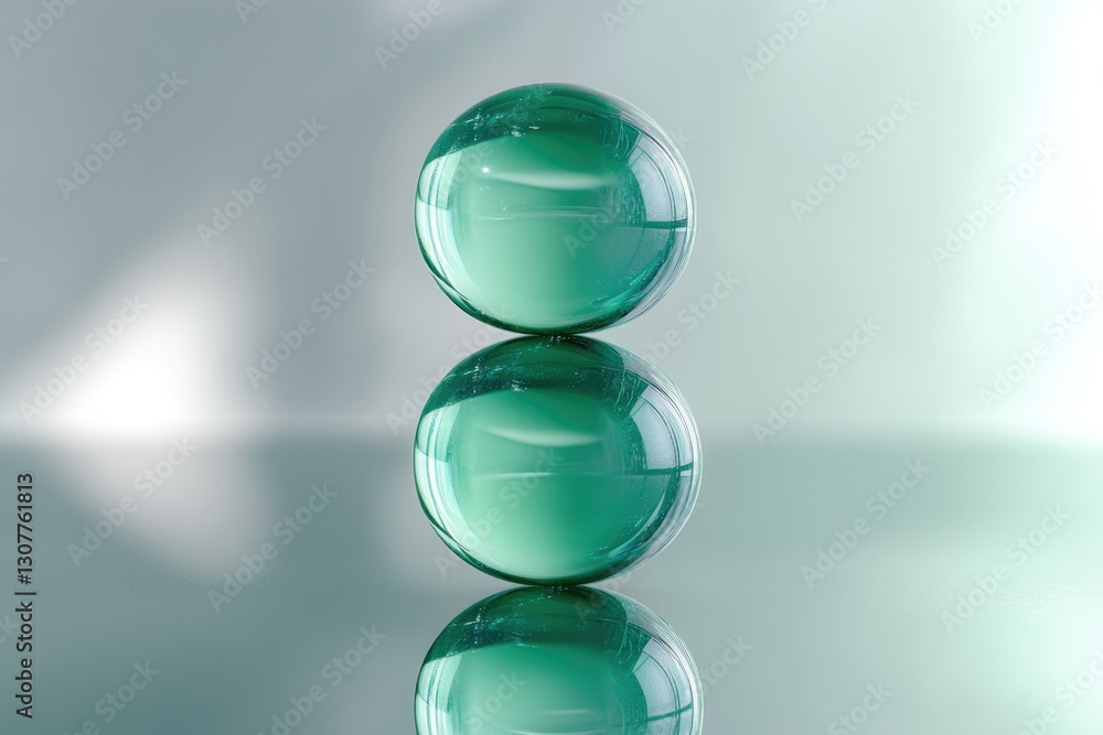 Poster two translucent teal spheres stacked on a reflective surface, creating a minimalist and serene image