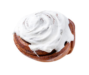 Tasty cinnamon roll with cream isolated on white
