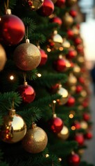 Golden and red Christmas tree decorations hanging in a row, holiday, Christmas trees