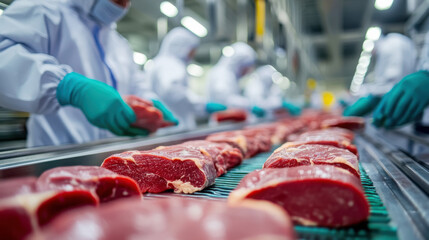 Industrial meat processing line with workers in protective gear