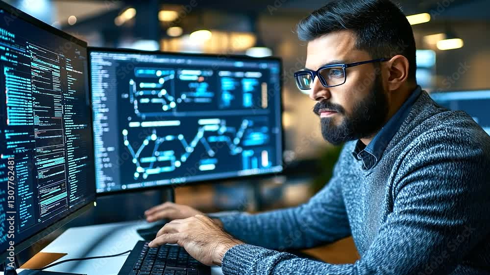 Poster a tech professional optimizes digital systems using ai in a contemporary office setting.