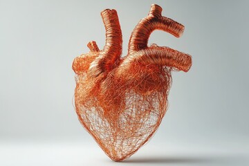 Intricate copper wire sculpture depicting a human heart, showcasing artistry and anatomical detail.