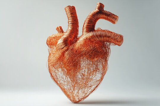 Intricate copper wire sculpture depicting a human heart, showcasing artistry and anatomical detail.