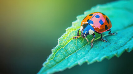 Fototapeta premium Ladybug on green leaf: nature's tiny wonder close-up for educational and decorative use